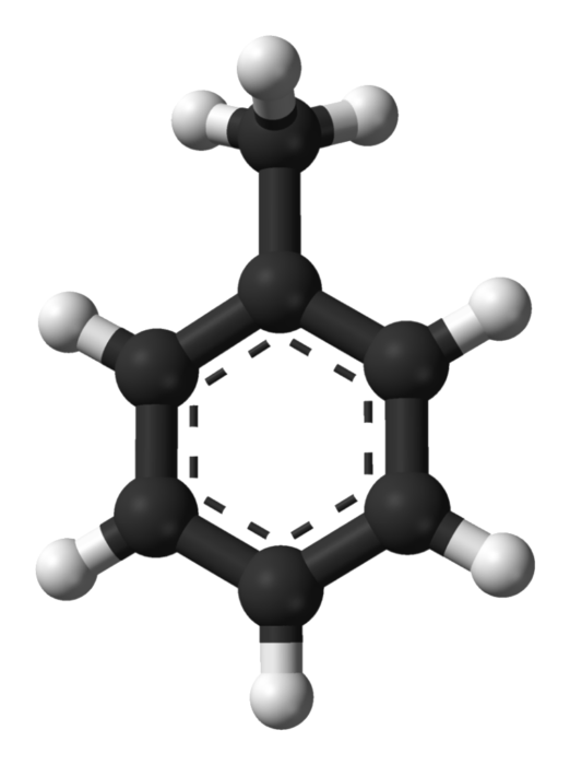 Modelo "bola e vareta" de uma molécula do solvente Tolueno
