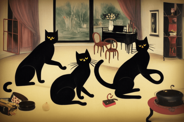 Gatos pretos dançando na sala de estar, alegremente