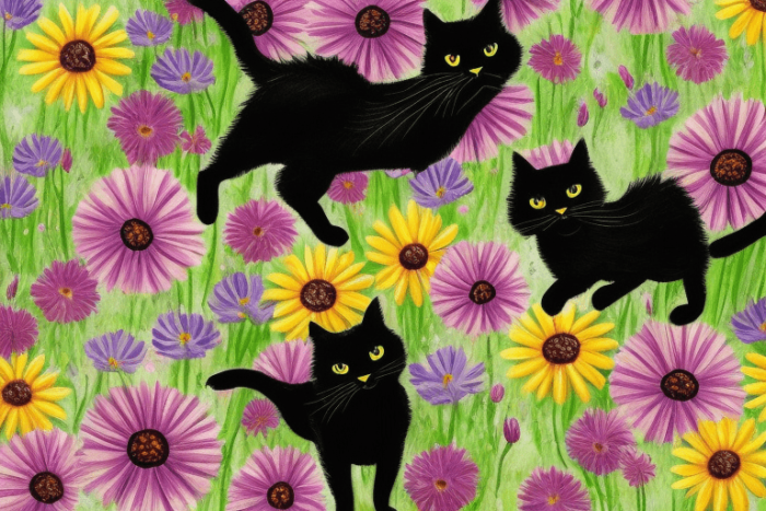 Gatos pretos em um jardim de flores coloridas