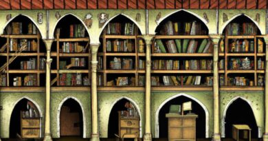 Biblioteca medieval no estilo Hieronymus Bosch