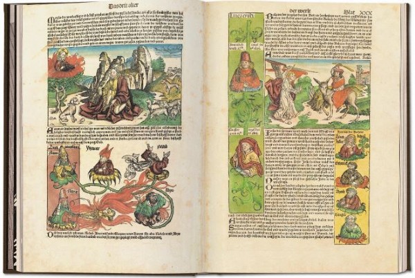 Páginas das Crônicas de Nuremberg, de 1493, um dos incunábulos mais conhecidos