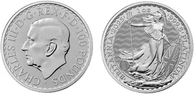 Britannia de Platina, com peso de 1oz e valor facial de 100 libras esterlinas. Britannia de Platina, com peso de 1oz e valor facial de 100 libras esterlinas.