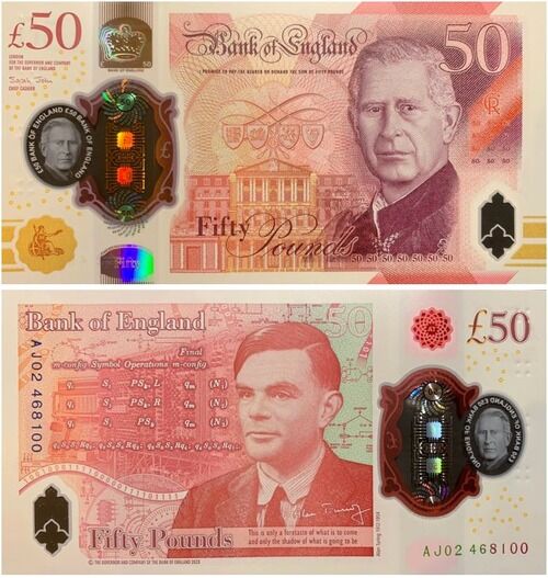 Cédula de 50 Libras da Inglaterra com Charles III e Alan Turing
