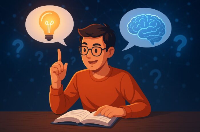 Engajamento ativo no processo de aprendizagem Ilustração de um estudante concentrado, com elementos visuais representando pensamento ativo, raciocínio, perguntas e conexões mentais, simbolizando o engajamento ativo no processo de aprendizagem.