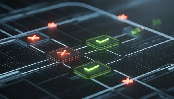 Interface digital com símbolos de acerto e erro iluminados, representando identificação e correção de erros em um processo de aprendizagem.