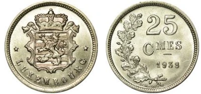 Moeda do Luxemburgo, 25 centimes de Alpaca de 1938 Moeda do Luxemburgo, 25 centimes de Alpaca de 1938